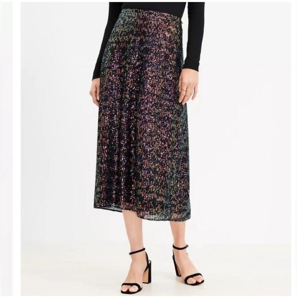 Loft Sequin Midi Skirt in Multicolor Red Black Blue Gold Size 8 - Picture 3 of 11